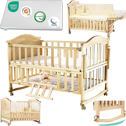 Portable Mini Baby Crib 4 in 1 Convertible with Memory Foam Mattress(38" by24) Included,cunas para Bebes 2025 Natural Wood Small Crib with Foldable Storage Baby Playpen Bedside Sleeper Beds