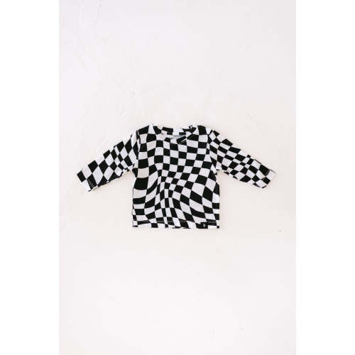 Long Sleeve Bamboo T-Shirt | Black & White Wavy Checkerboard
