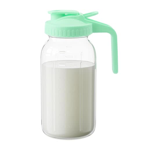 32oz Glass Pitcher with Lid &Pour Spout - 1 Quart Breastmilk Pitcher Double Leak Proof, Creamer Container for Sun Tea, Juice, Cold Brew Coffee, Breastmilk Storage Container -Green Lid