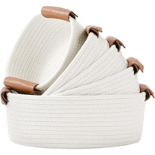 5 Piece Storage Baskets Small Woven Basket with Detachable Leather Handle, Cotton Rope Shelf Baskets for Closet Organizers, Different Sizes Basket Decor, White