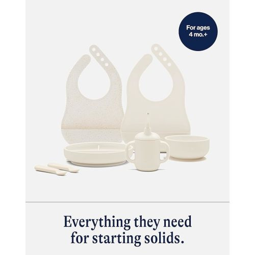 Lalo First Bites Silicone Baby Feeding Set - Baby Led Weaning Supplies - Non-Toxic Silicone - Includes 2 Bibs, 2 Spoons, Training Cup, Suction Plate and Bowl - 6 Pieces - Oatmeal