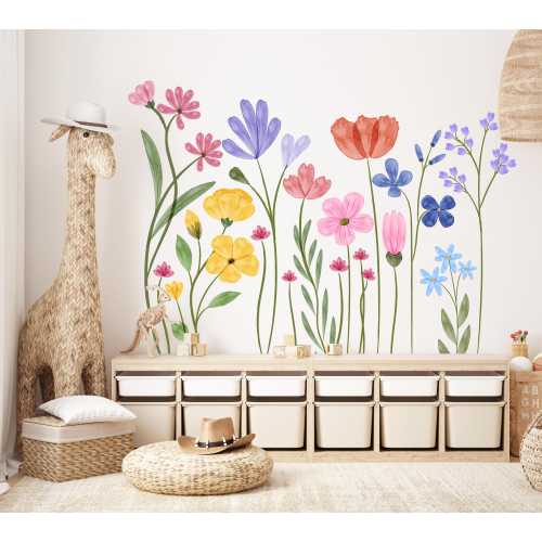 Wildflower Wall Decal Border, Boho Floral Wall Sticker, Watercolor Flower Wall Border for Nursery, Kids Room Bedroom