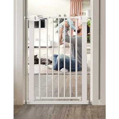 BABELIO 36" Tall Narrow Baby Gate, 26-28.5" Auto-Close Metal Pet Gate for Small Stairs/Doorways/Hallways, Pressure/Hardware Mounted for Child and Pets, NO Extensions, White