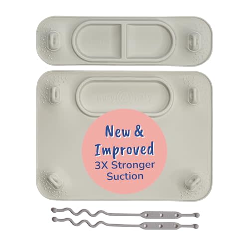 BUSY BABY Silicone Mat Bundle - 1 Original Mat Plus 1 Mini Mat, New Stronger Suction Cups, 6 Straps to Secure Baby Essentials and Keep Them Off The Floor, Baby Led Weaning, Wet Bag Included (Tan)
