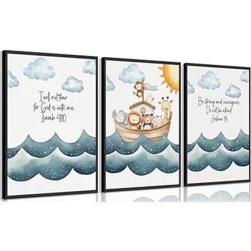 3Pcs Children's Bible Verse Wall Art Noahs Ark Nursery Painting picture Christian Inspirational Wall Decor Religious Educational Posters Prints for Kids Bedroom Classroom Home Decoration 12x16in