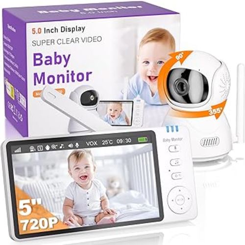 BURNNOVE Baby Monitor with Camera 5'' 720p HD Screen Baby Video Monitor with Two Way Audio 2X 4X Digital Zoom VOX Mode Night Vision Temperature Monitoring 8 Lullabies and 5 Alarms