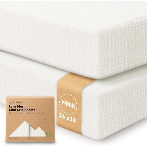 2-Pack Muslin Mini Crib Sheets for Boys, Girls - 38x26 Pack and Play Sheets Fitted, Organic Cotton, Compatible with Graco Pack N Play Mattress, Neutral Toddler Playard Bedding, Soft Breathable (Slate)