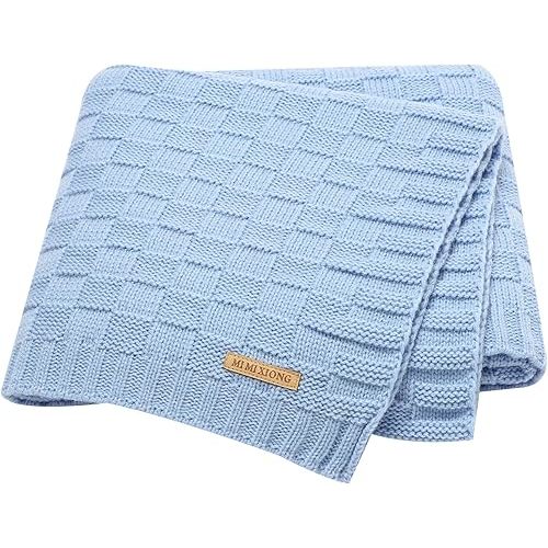 LAWKUL Baby Blanket Blue Cable Babe Blanket Checkered Knit Newborn Infants Soft Airy Receiving Swaddle Neutral Unisex 40"x30"