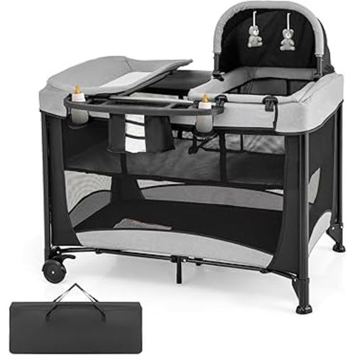 HONEY JOY Pack and Play with Bassinet, 5 in 1 Portable Baby Playard w/Changing Table, Removable Infant Full-Size Bassinet & Mattress, Diaper Storage Bag, Foldable Newborn Nursery Center w/Carry Bag