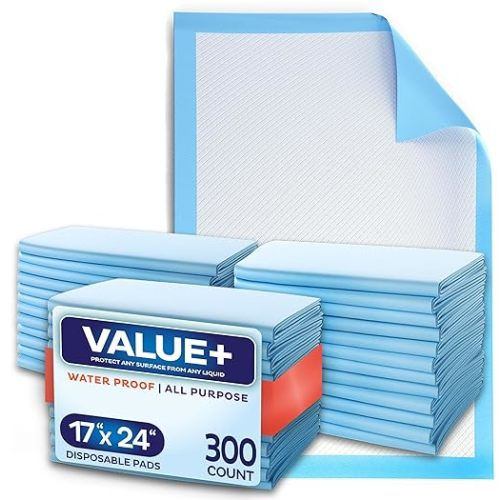 Disposable Chucks Pads [300 Pack - 17x24] Diaper Changing Pad Incontinence Bed Underpads for Baby, Dog & Puppy Pee Pads - Small Waterproof Blue Chux for Medical, Beds, Pet Crate Liners & Travel - 17x24 Inch (Pack of 300)