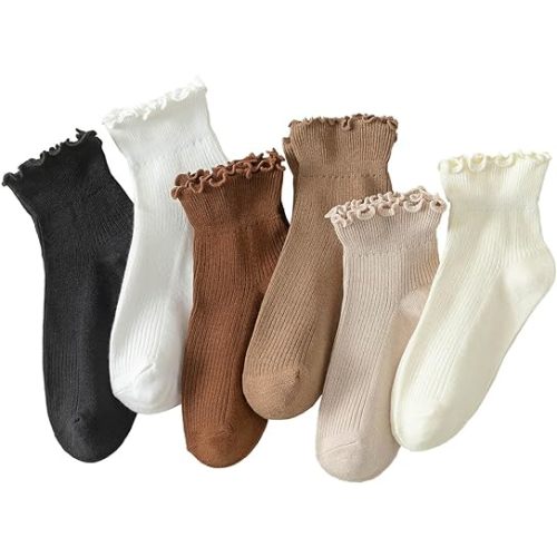 Hstyle 6 Pairs of Ruffle Socks Women, Ruffle Turn-Cuff Casual Cute Girl Ruffle Socks Breathable Cool Ruffle Ankle Socks