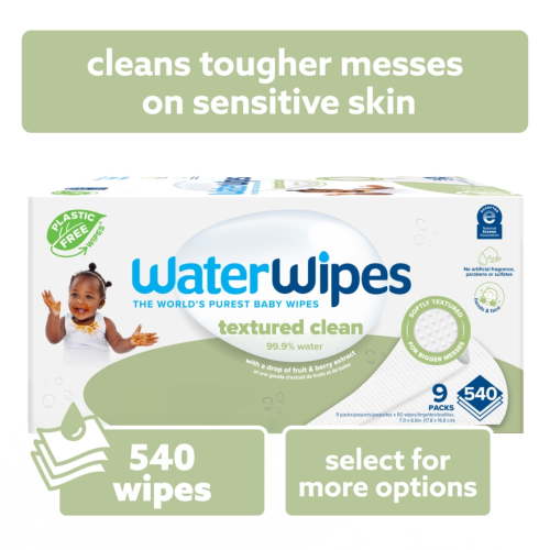 WaterWipes Textured Clean 99.9% Water Based Toddler & Baby Wipes, 9 Resealable Packs (540 Wipes)