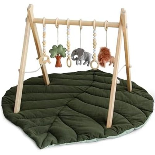 Wooden Baby Play Gym, Leaf Shaped Mat Baby Foldable Gym with 6 Hanging Toys