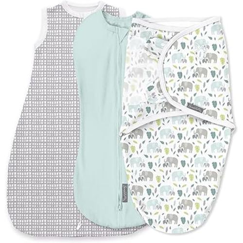 SwaddleMe by Ingenuity Comfort Pack Baby Swaddle Set, Size 0-3 Months, 5-14 Pounds, SwaddleMe Pod, Original Swaddle, Night Sack, 3pk - Baby Elephant