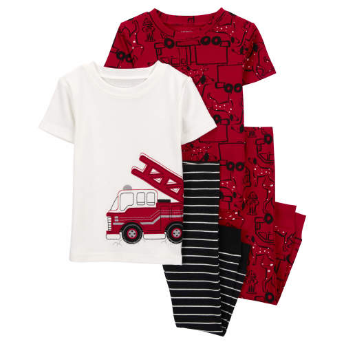 Toddler 4-Piece Firetruck 100% Snug Fit Cotton Pajamas - Style,Red