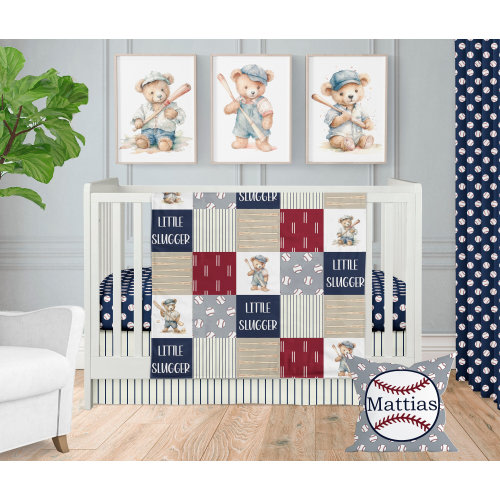 Baseball Nursery Crib Bedding, Baby Boy Nursery, Teddy Bear Baseball Baby Bedding Crib Set, Baby Boy Sports Themed Nursery Bedding