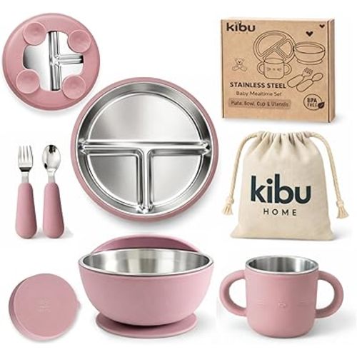 Stainless Steel Baby Feeding Set with Removable Silicone Suction | Kids Plates and Bowls with Cup, Spoon & Fork | Easy to Clean | Baby-Led Weaning Eating Set for Babies & Toddlers | Pink