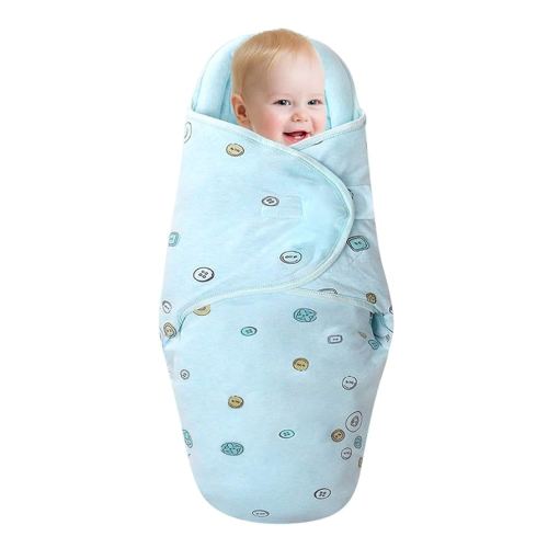 Baby Swaddle Blankets, Unisex Baby Blanket Wrap for Newborn Baby Boys Girls, Skin Friendly Wearable Swaddle Sleep Sack Made of Combed Cotton (Button, Blue, 3-6 Months)