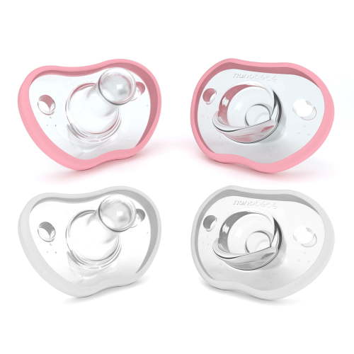 Nanobebe Baby Pacifiers, 0–3 Months, Orthodontic Silicone, Curved Face Contour, for Breastfeeding Babies, 4-Pack, White and Pink