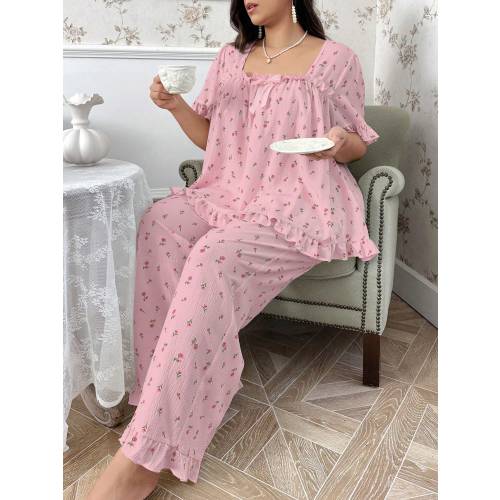 CottageSlumber Women's Pajama Sleepwear Set With Small Rose Printed Square Collar And Bow Tie Cozy And Elegant Details