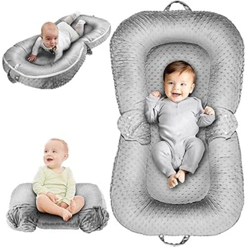 Baby Lounger Pillow : 3-in-1 Infant Lounger for Newborn 0-24 Months, Portable Tummy Time Mat for Home and Travel, Breathable & Soft Baby Seat for Baby, Babies Essentials Gifts, Grey