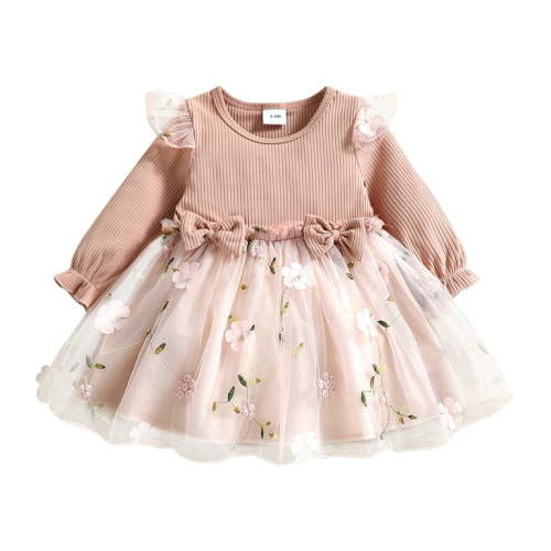 PatPat Baby Girl Pink Mesh Dress Set,Ribbed Long Sleeve Splicing Floral Appliques Princess Dress Pageant Party Birthday Wedding Flower Girl Dress,0-3T