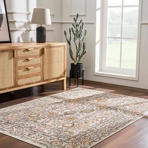 Hauteloom Herstmonceux Traditional Living Room Bedroom Soft Natural Area Rug - Oriental Floral Farmhouse Carpet - Boho, Modern Vintage - Cream, Pink, Salmon, Orange, Brown - 6'7" x 9'