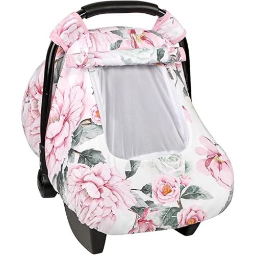 Pea Pod Car Seat Cover for Baby Girls, Floral Infant Car Seat Canopy Cover for Newborn, with 2 Layers Windows of Breathable Mesh/Fabric, 3D Minky Dot Backing, Ultra Soft & Comfortable