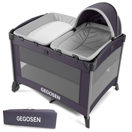 GEGOSEN Portable Baby Playard 4 in 1 Design, Foldable Baby Playpen with Removable Bassinet, Canopy and Changing Table, Infant Playrad, Nursery Center Travel Crib