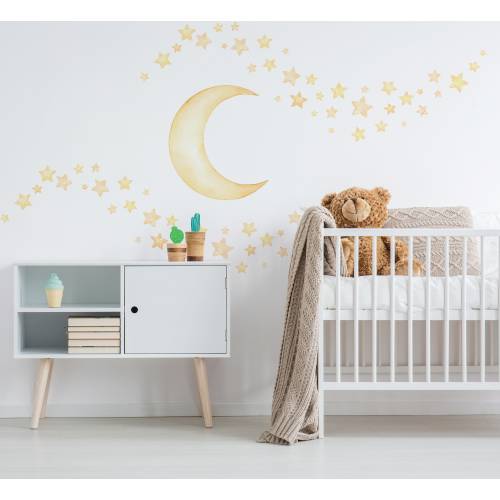 Watercolor Moon and Stars Wall Decals – Crescent Moon & Starry Sky Stickers for Nursery or Kids Room – Celestial Wall Mural