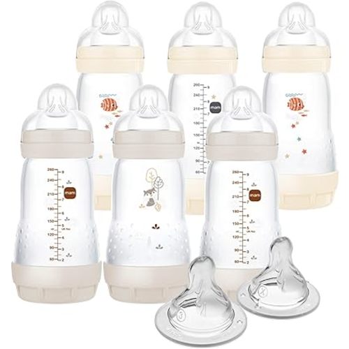 MAM 9oz Easy Start Anti-Colic Baby Bottle, Medium Flow with 2X Bonus Nipples, Breastfeeding-Like Silicone Nipple Bottle, Reduces Colic, Gas, & Reflux, Easy-to-Clean, BPA-Free, 2 Plus Months