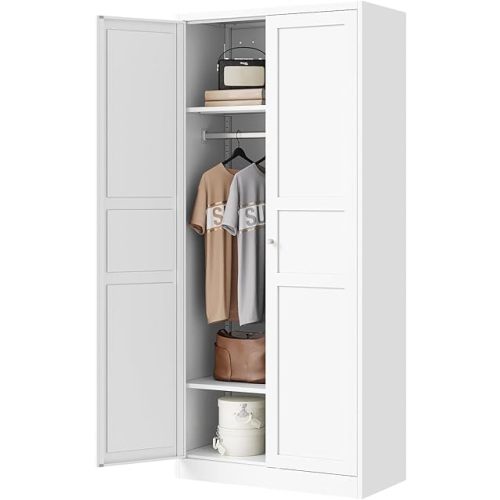 Letaya Wardrobe Armoire Closet,72" H Metal Storage Cabinet with Adjustable Shelves and Hanging Rod,Bedroom Armoire Cabinet Clothes Organizer (White)