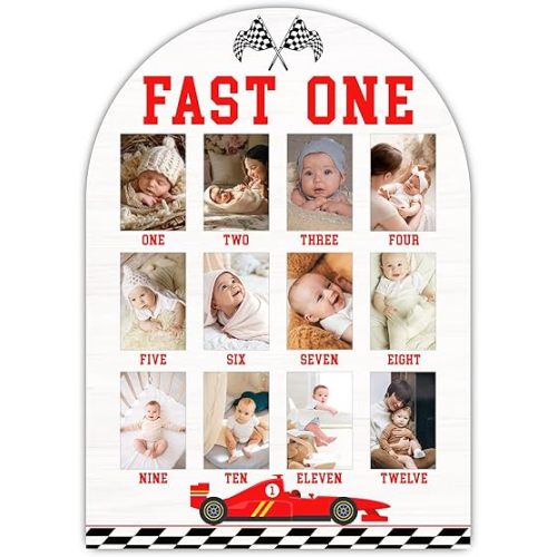 Fast One My First Year Photo Board, Racing Car Baby Milestone Signs for Boys Girls Nursery Decor, 12 Month Wooden Picture Board for 2x3 Photos, Best Babies Keepsake Gifts-A23
