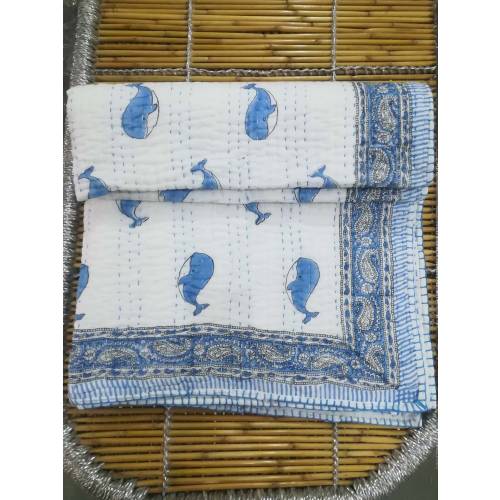 New Baby Quilt Handmade Kantha Bedding Kantha Throw Indian Fish Block Print Baby Quilt Animal Print Indian Fish Print Quilt