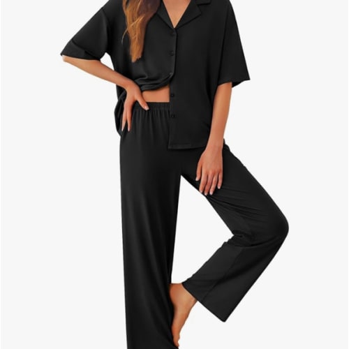 Ekouaer Women Pajamas Set Button Down Sleepwear Short Sleeve Pjs Soft Comfy Nightwear with Long Pants S-XXL