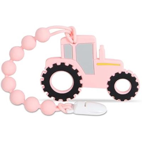Baby Tractor Teething Toys,Food Grade Silicone Teether with One-Piece Pacifier Clip Holder,Baby Gift,Highly Effective Pain Relief for 3 Months+ Boy and Girl,BPA Free,Freezer Safe. (Pink)