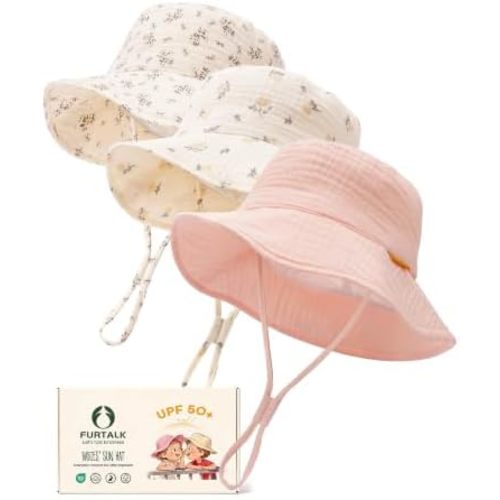 FURTALK Baby Sun Hat Muslin Cotton Toddler Bucket Hat for Girls Boys Wide Brim UPF 50+ Summer Beach Hats