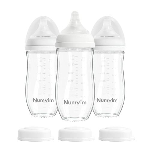 Natural Glass Baby Bottles for Breastfeeding Babies, Baby Essentials, Without Lead Body, Gentle Medium Flow, Wide Neck Bottle with Anti Colic Nipple for 3 Months Babies, 3 Packs (White, 8oz)
