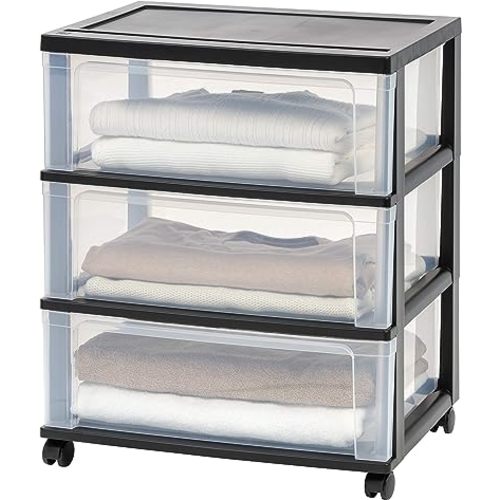 IRIS USA Plastic Drawer Storage Organizer Rolling Cart, with Wheels Casters, 3-Drawers, for Art Craft Supplies Bathroom Dorm Bedroom Laundry Room, Wide, Black