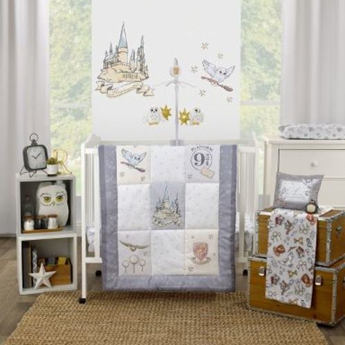NoJo Warner Bros Harry Potter Magical Moments 3 Piece Nursery Mini Crib Bedding Set - Comforter and Two Fitted Mini Crib Sheets, Gray & White