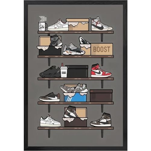 Mofesun Shoe Posters，Sneaker Poster，Sneaker Shelf Wall Art,Wall Art Decoration for Guys and Girls Bedroom,Sneaker Air Sneaker Shoebox Collection (Black Frame, 8" x 10")