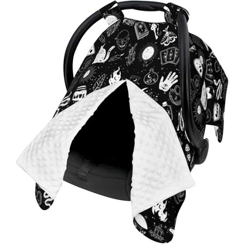 Goth Carseat Covers Baby, Gothic Winter Carseat Cover for Baby, Minky Baby Car Seat Cover for Boy & Girl, Peekaboo Opening Car Seat Canopy for Newborn, Multi Use Mom Nursing Cover, Gothic