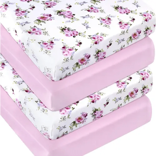 Girls 4 Pack Fitted Crib Sheets - Standard Size & Toddler Mattresses, Soft & Breathable Pink Floral