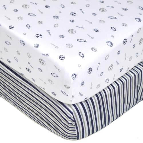 American Baby Company 2 Pack 100% Natural Cotton Fitted Crib Sheets 52" x 28" - Soft, Breathable, Hypoallergenic & Gentle Toddler Bed Sheets, Navy/Grey Sports Stripes, Neutral for Boys & Girls