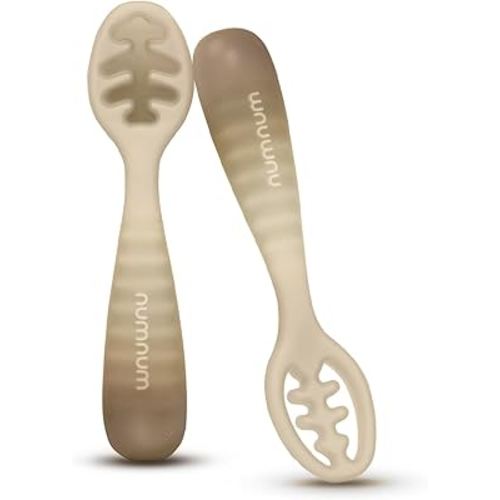 NumNum Baby Spoons Set, Pre-Spoon GOOtensils for Kids Aged 12+ Months - First Stage, Baby Led Weaning (BLW) Spoon - Self Feeding, Silicone Toddler Food Utensils - 1-Pack, 2 Spoons, Beige