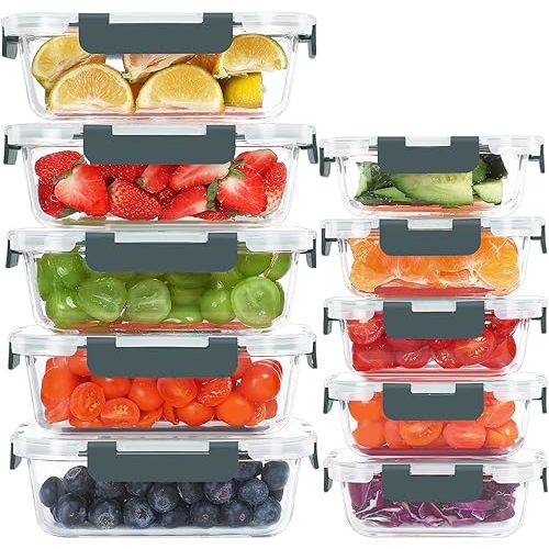 10 Pack Glass Food Storage Containers, Meal Prep Containers with Lids, Airtight Glass Lunch Boxes, Freezer, Oven, and Microwave Safe