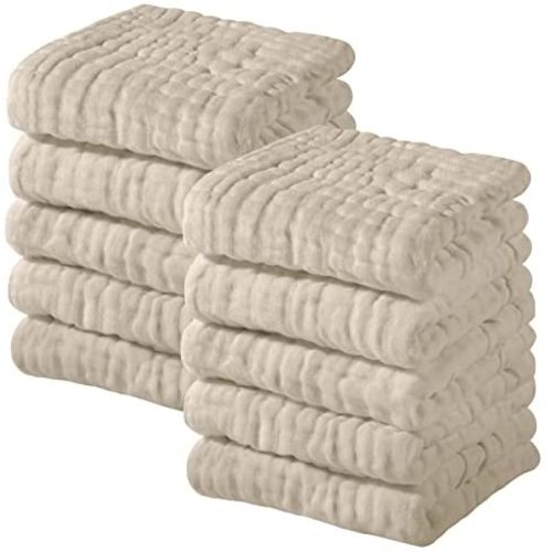 Muslin Baby Washcloths 100% Cotton Face Towels 10 Pack Wash Cloths for Baby 12x12in Soft and Absorbent Baby Wipes by Yoofoss (Apricot)