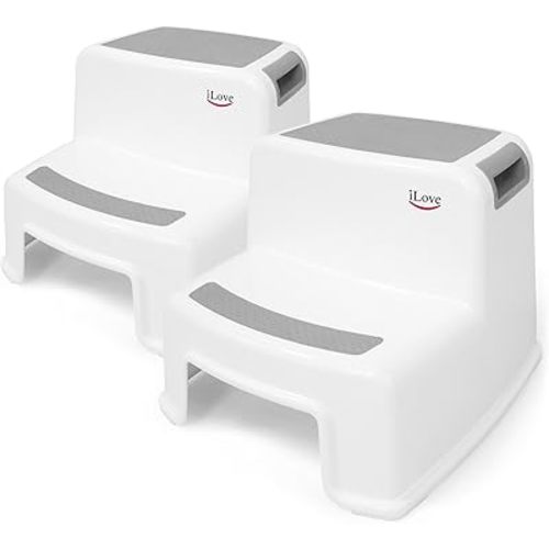iLove 2 Step Stool for Kids and Toddlers, Bathroom and Toilet Stool for Potty Training, Slip-Resistant Soft Grips, Kitchen Stool with Handles, Dual Height - Gray (2 Pack)