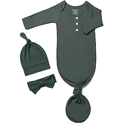 Newborn Baby Knotted Gown, Super Soft Silky Infant Sleeper, Baby Girl Sleep Gown with Mittens, Bow, and Hat Set