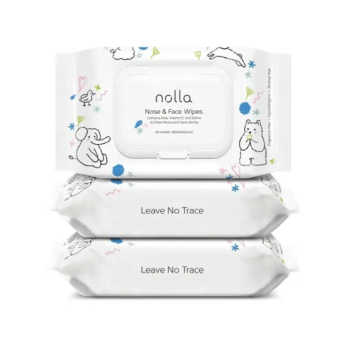 Nolla Nose and Face Wipes for Babies & Kids with Saline, Vitamin E, & Aloe | Unscented | Compostable, 90 Count (3 Packs of 30)